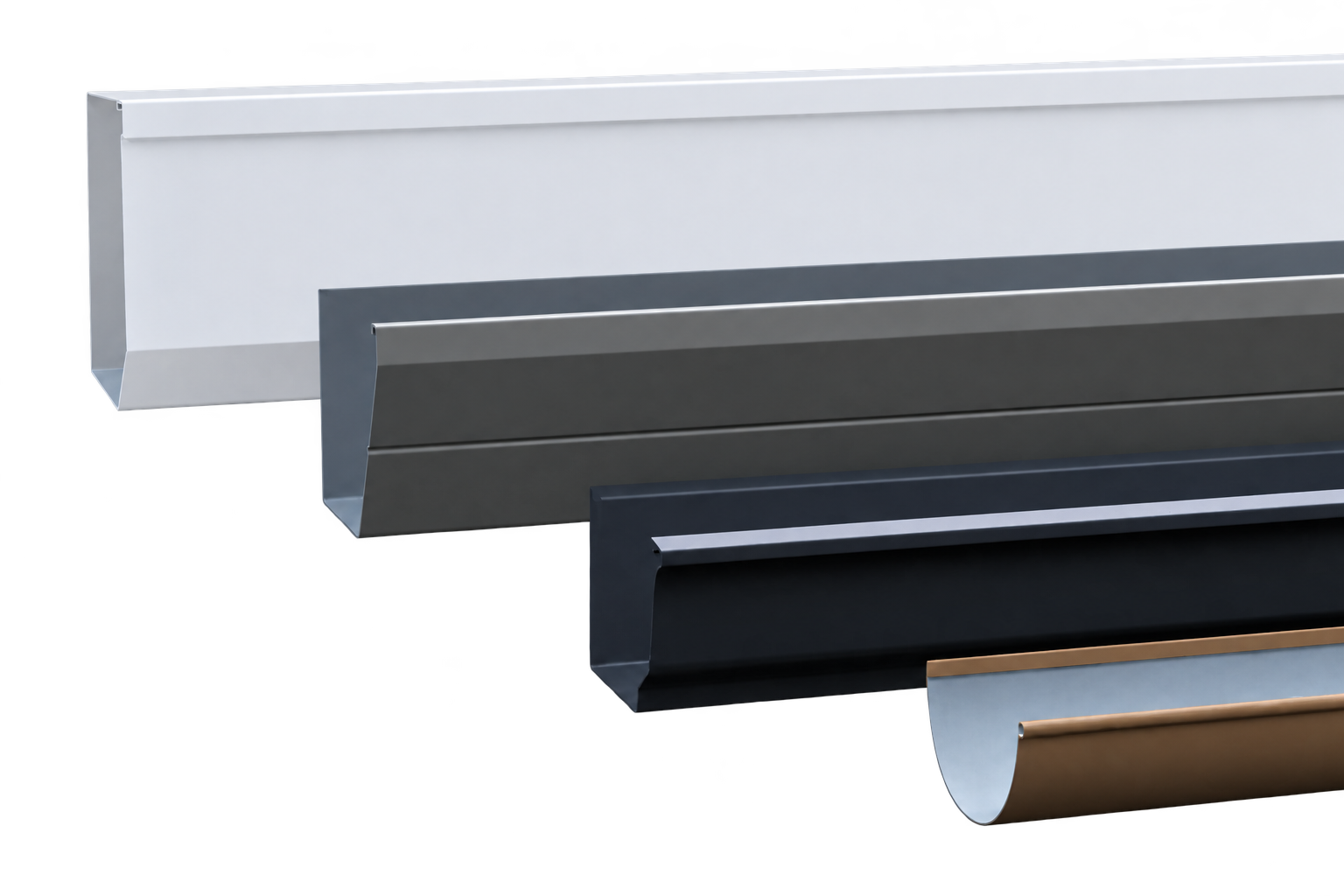 Gutters in several sizes, shapes, and colors
